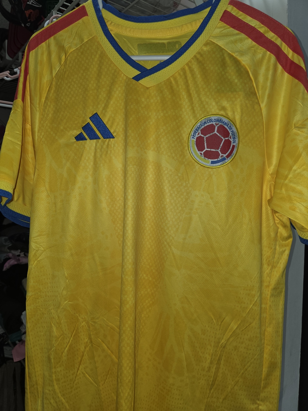 adidas Womens  Yellow Soccer Jersey with Blue and Red Accents